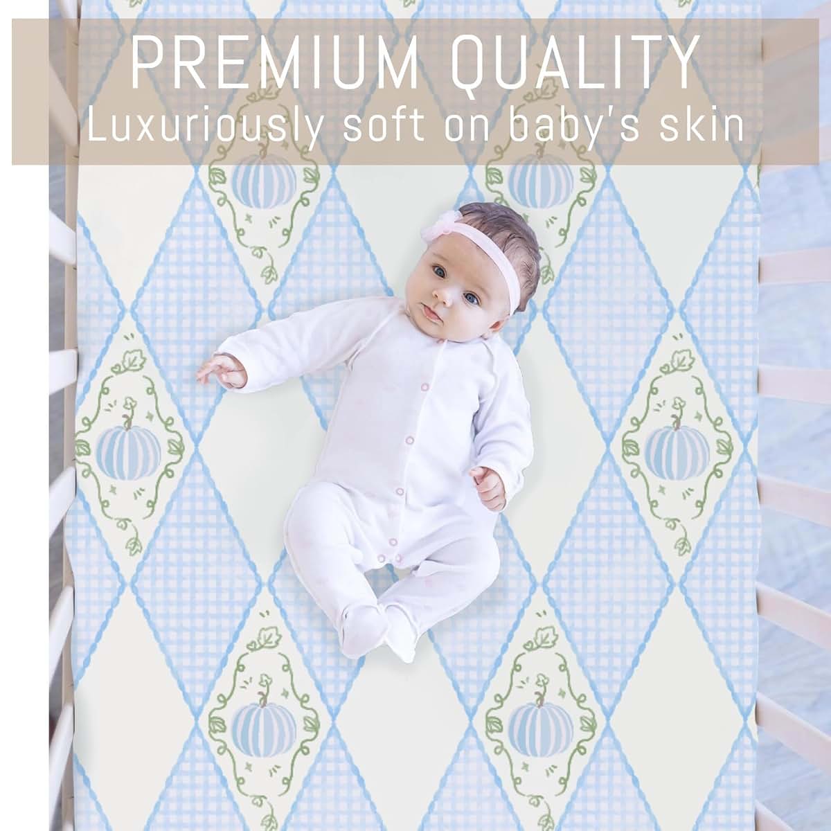 Selgkds Fall Blue Pumpkins Bows Gingham Baby Crib Sheets for Boy Girl Autumn Thanksgiving Harvest Soft Snug Fitted Crib (photo 2)
