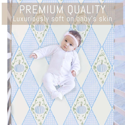 Selgkds Fall Blue Pumpkins Bows Gingham Baby Crib Sheets for Boy Girl Autumn Thanksgiving Harvest Soft Snug Fitted Crib (photo 2)