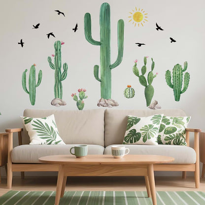 Refamaee Watercolor Cactus Wall Decals Set, Birds and Sunshine Desert Themed Decor Wall Stickers, Removable Vinyl