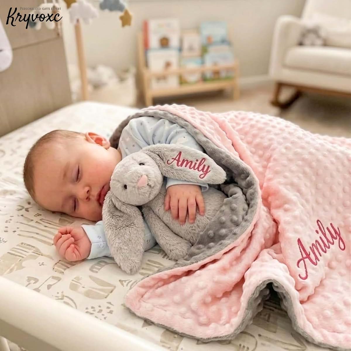 Kryvoxc Personalized Baby Blanket and Plush Bunny Set, Custom Blankets and Rabbit | Custom Name Blanket, Personalized 2 (photo 2)