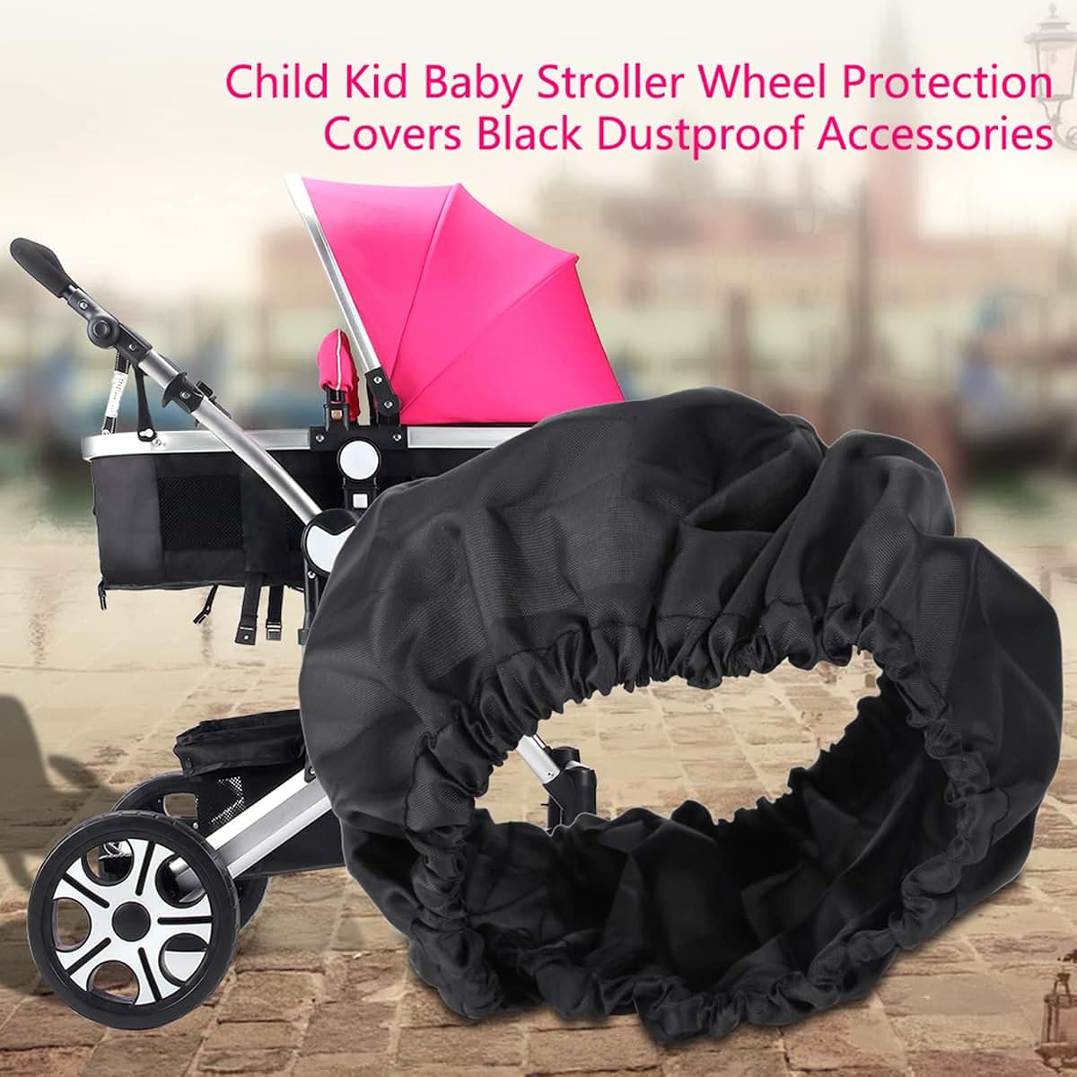 GOTOTOP Stroller Wheel Covers, 4-Pack Black Polyester Dust Covers for Single Strollers