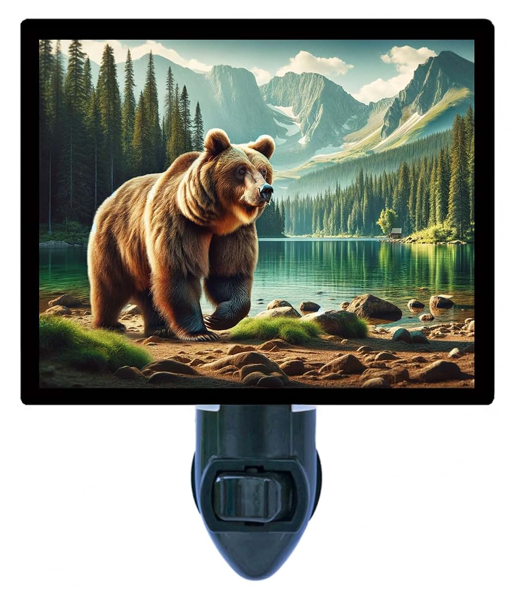 Night Light Designs Brown Bear at Lakeside Night Light – Wildlife Design, Fully Enclosed, Rotating Plug, Glass Front, 4