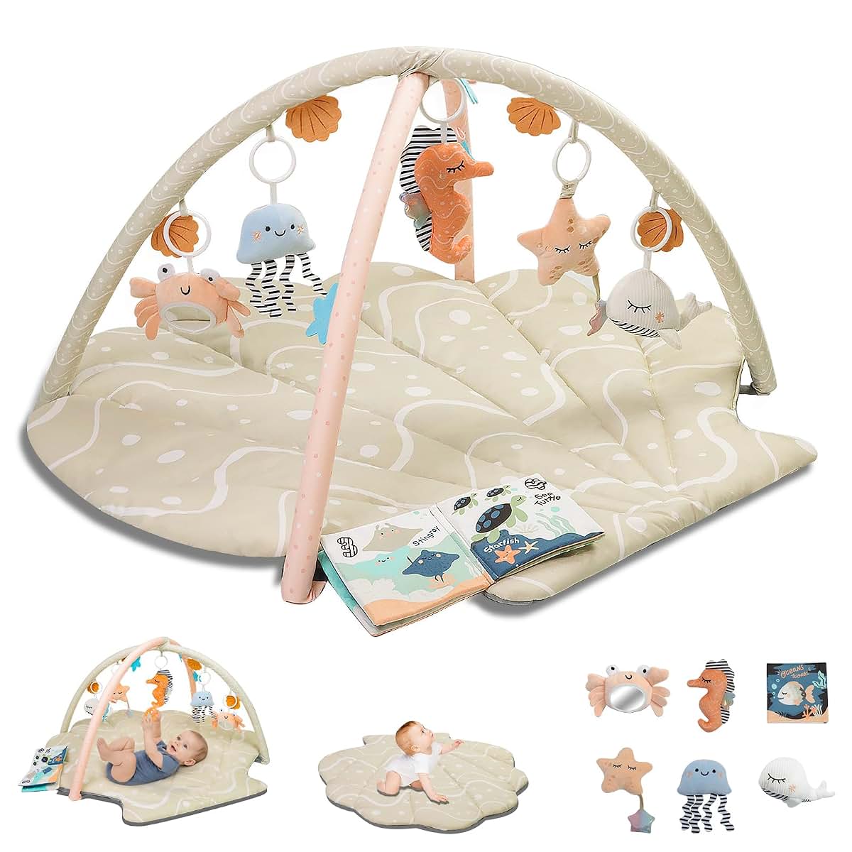 Seashell Theme Baby Play Mat with Activity Toys for Tummy Time