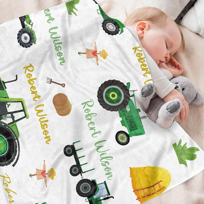 Kryvoxc Personalized Baby Blankets with Name, Green Excavator Double Layer Receiving Swaddle Blanket with Dotted (photo 3)