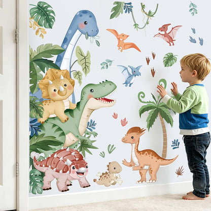wondever Boho Dinosaur Door Wall Decals Dino Tropical Leaves Wall Stickers