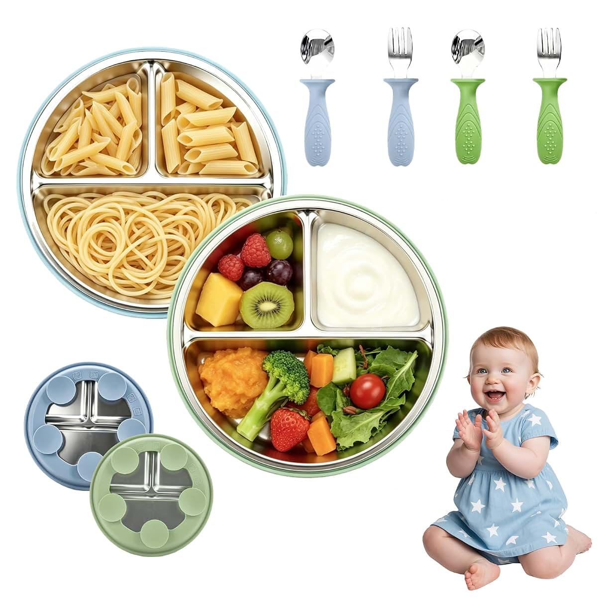 Stainless Steel Feeding Set with Suction Base and Utensils