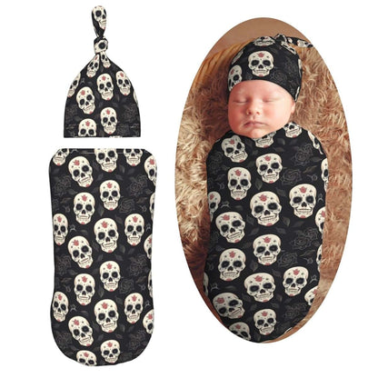 Muishi Sugar Skulls And Black Roses Newborn Swaddle Blanket And Hat Set