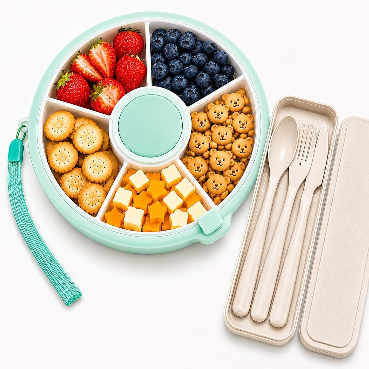 Mex.Star Snackspin Portable 5-Compartment Snack Container With Cutlery Set