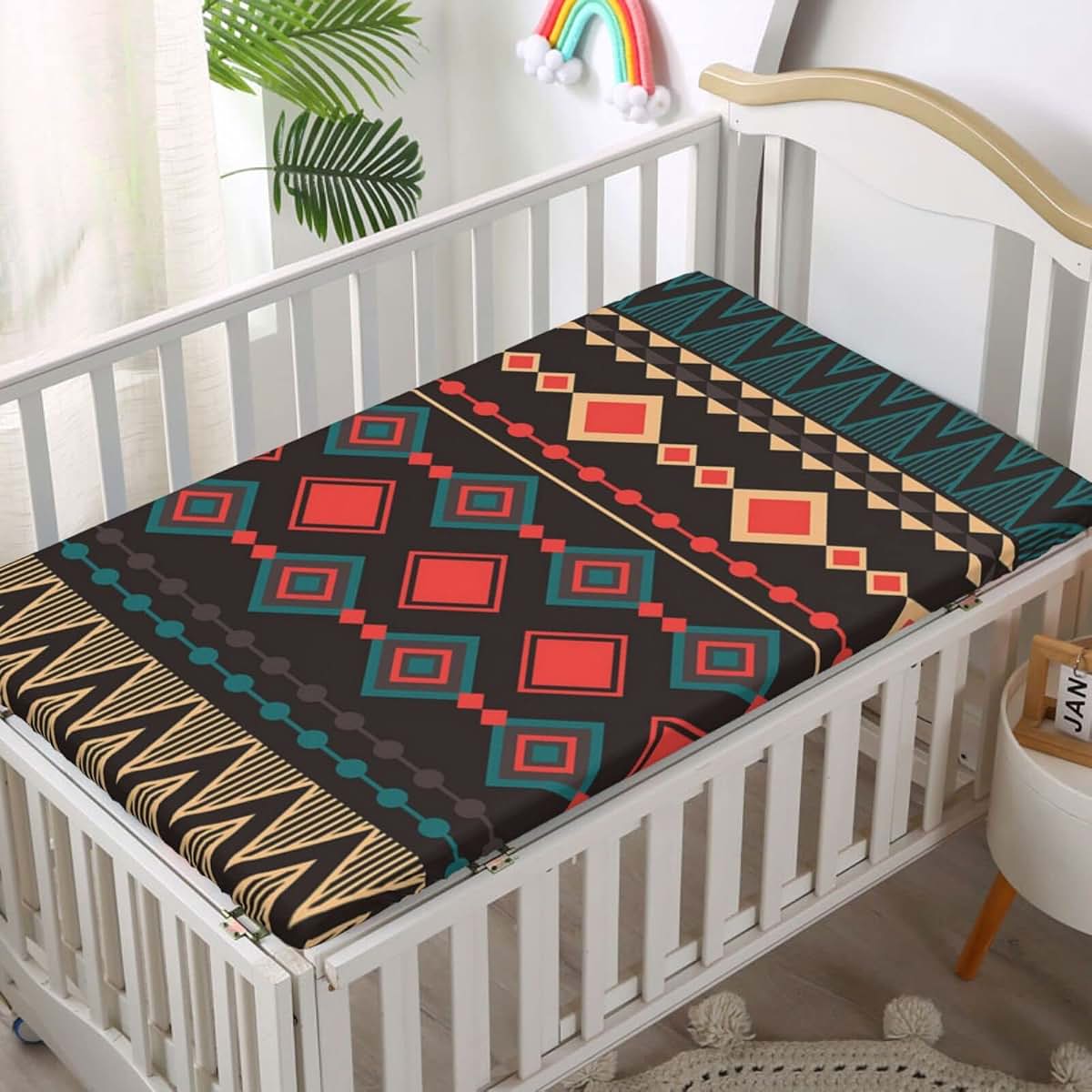 Aztec Themed Fitted Mini Crib Sheets 24 x 38 Inch Microfiber Multicolor