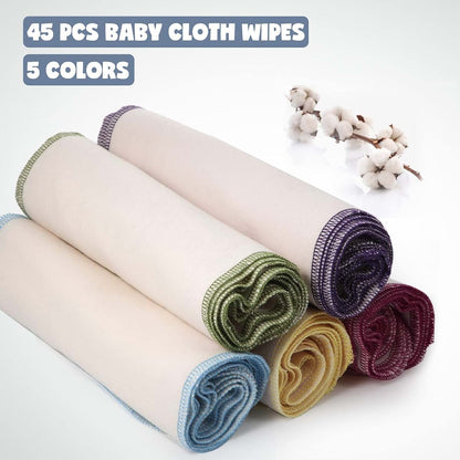 Mimorou 45 Pcs Reusable Flannel Cloth Baby Wipes in Multicolored Set