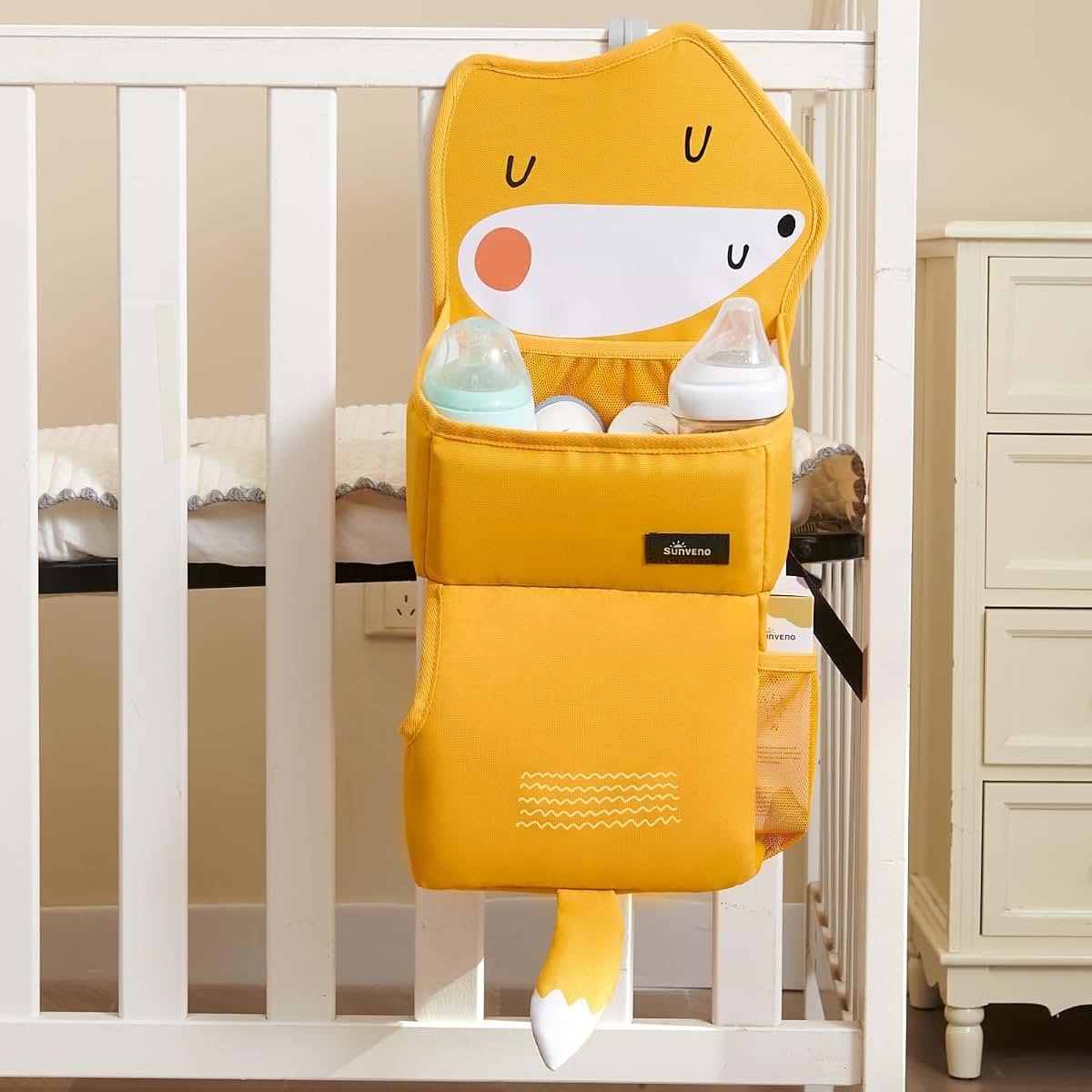 SUNVENO Hanging Diaper Caddy for Crib, Nursery Organizer, Yellow Fox