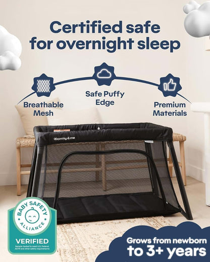 Mommy&Me Travel Crib for Baby and Toddler, Lightweight 14 lb Portable Playard, Mesh Sides, Black