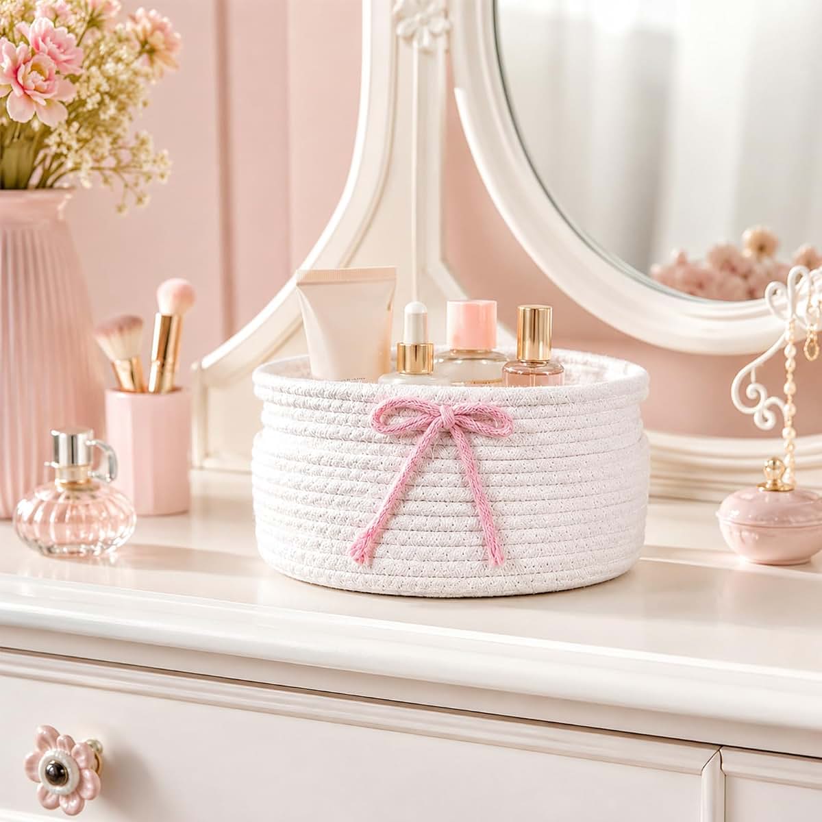 Yamenmeng 3 Pcs Cute Bow Storage Basket,Woven Storage Baskets with Handle,Store Clothes, Gifts, Toys, and (photo 3)