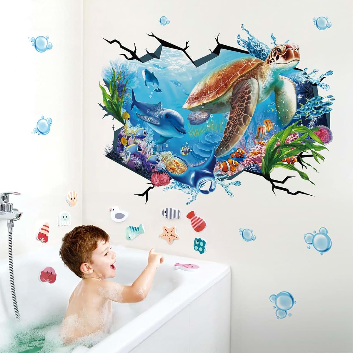 wondever 3D Turtle Under The Sea Wall Decals Ocean Dolphin Wall Stickers