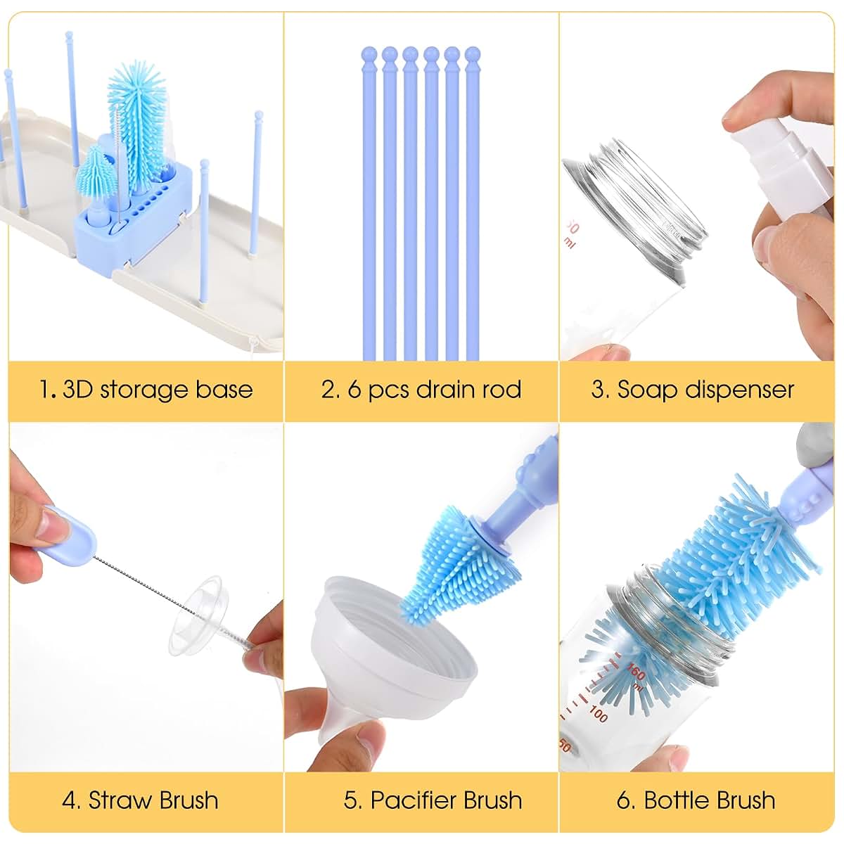 Travel Bottle Washing Kit With Storage Case, 7-In-1 Baby Bottle Cleaner (Blue)