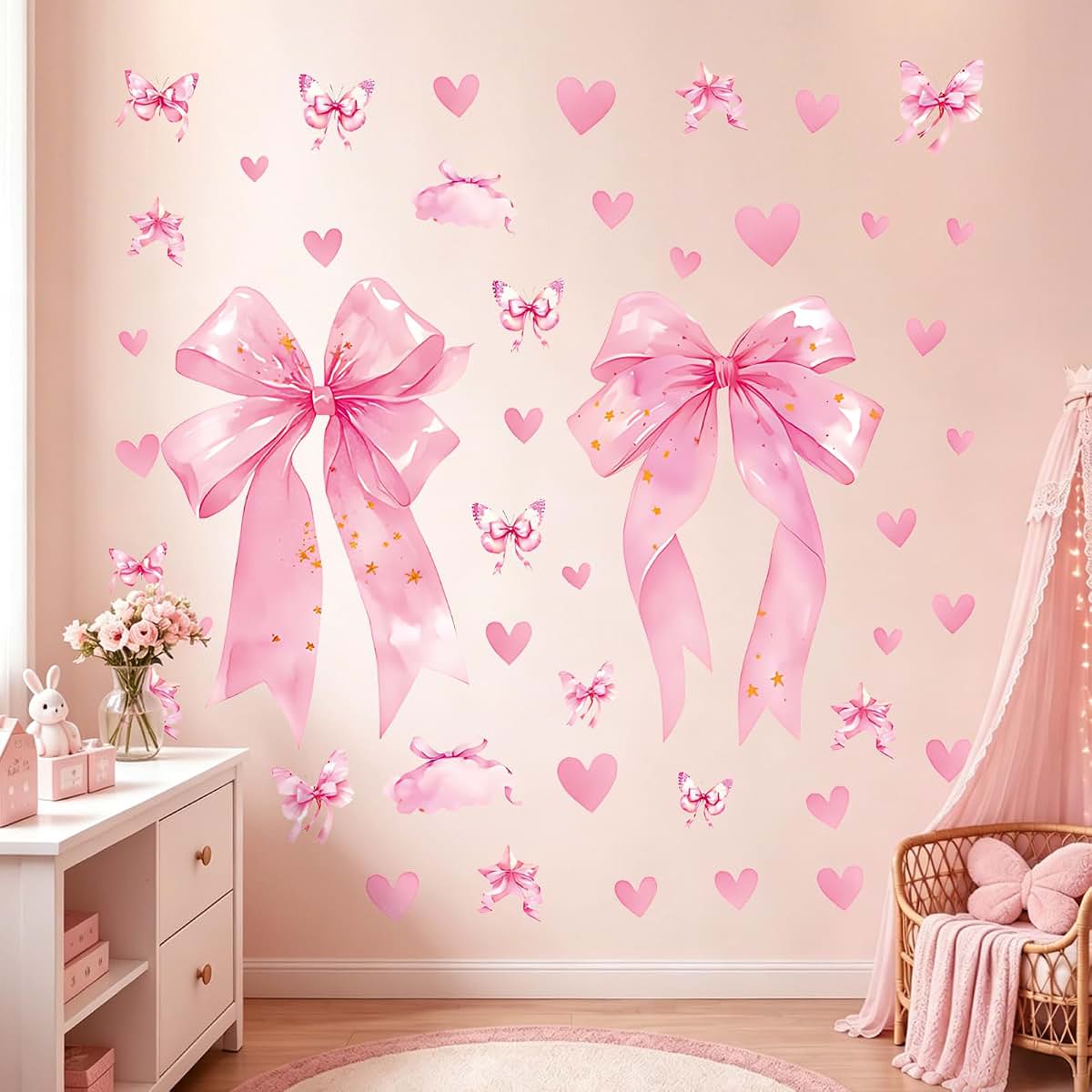 Pomodee Large Pink Bow Wall Stickers, Heart Knot Decals for Girls Nursery