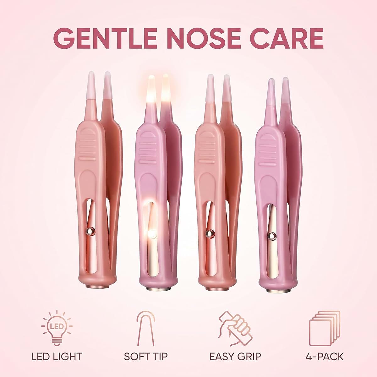 Tustao 4 Pcs Pink Plastic Nose Cleaning Tweezers With LED Light (photo 2)