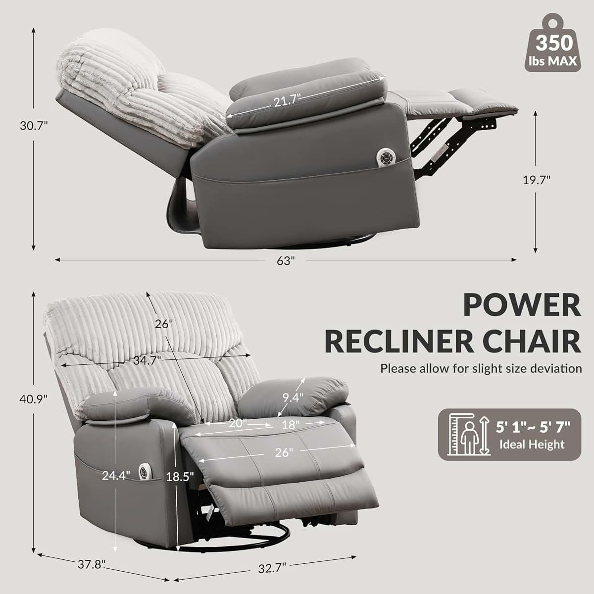 GRAINELL Power Swivel Rocker Recliner Chair with Massage and USB Port