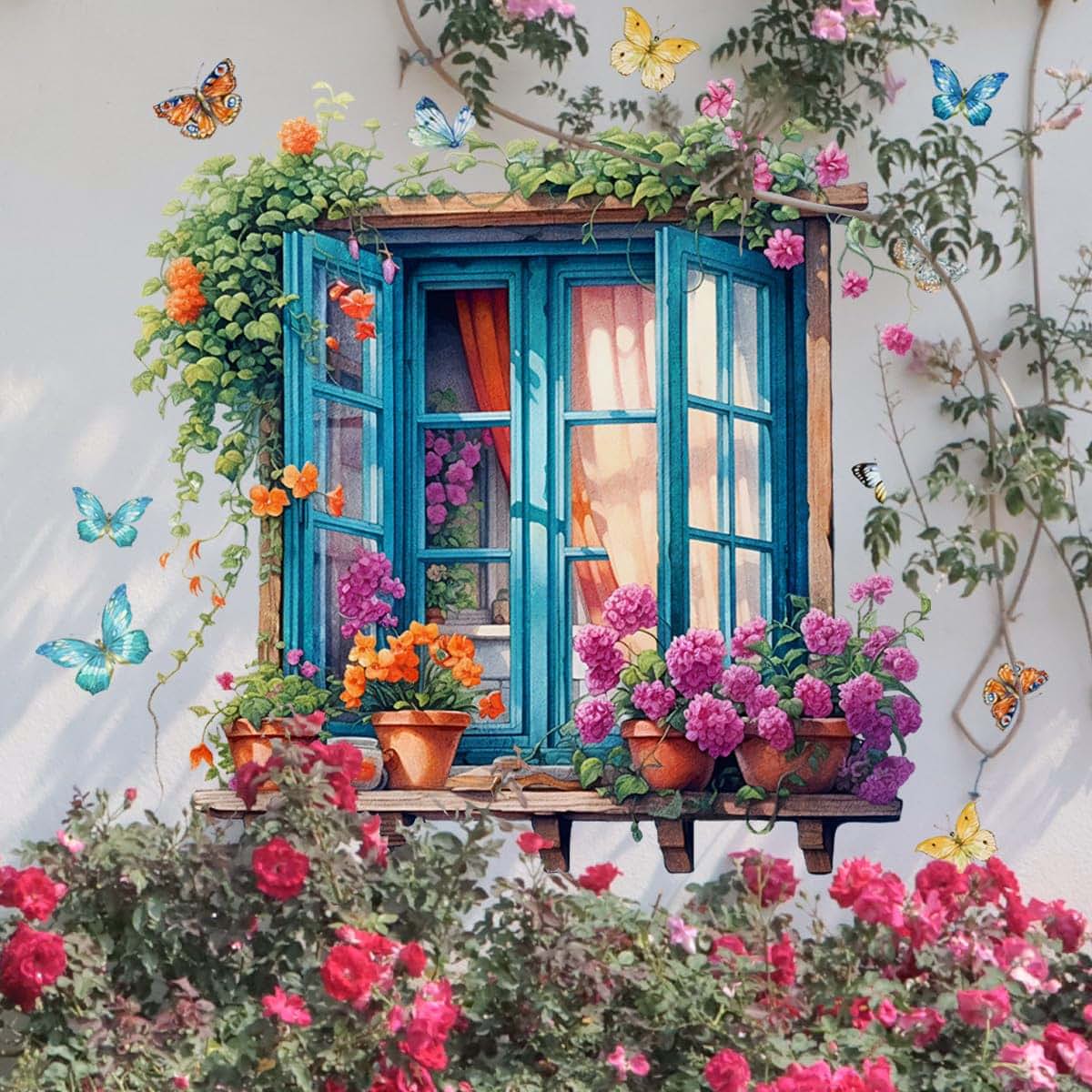 Creative Fake Window Door Flower Butterfly Wall Stickers for Room Decor