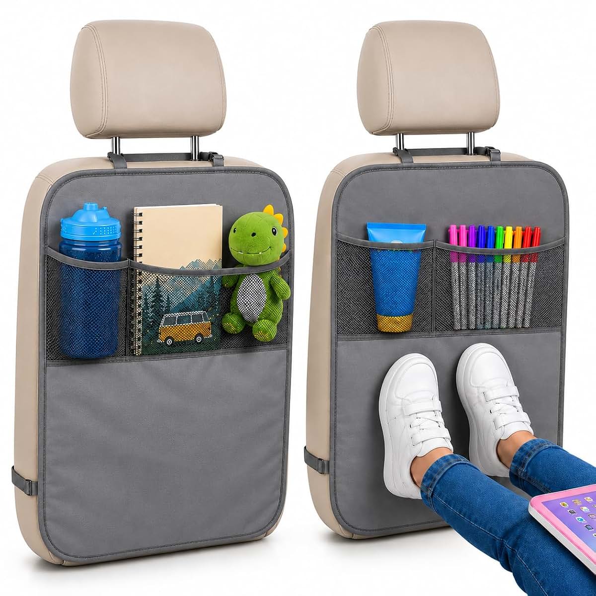 EcoNour Car Kick Mats Back Seat Protector For Kids And Pets, 2-Pack, Gray