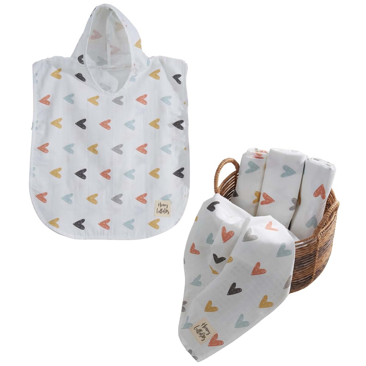Honey Lullabies Muslin Blanket and Poncho Baby Set Pastel Hearts