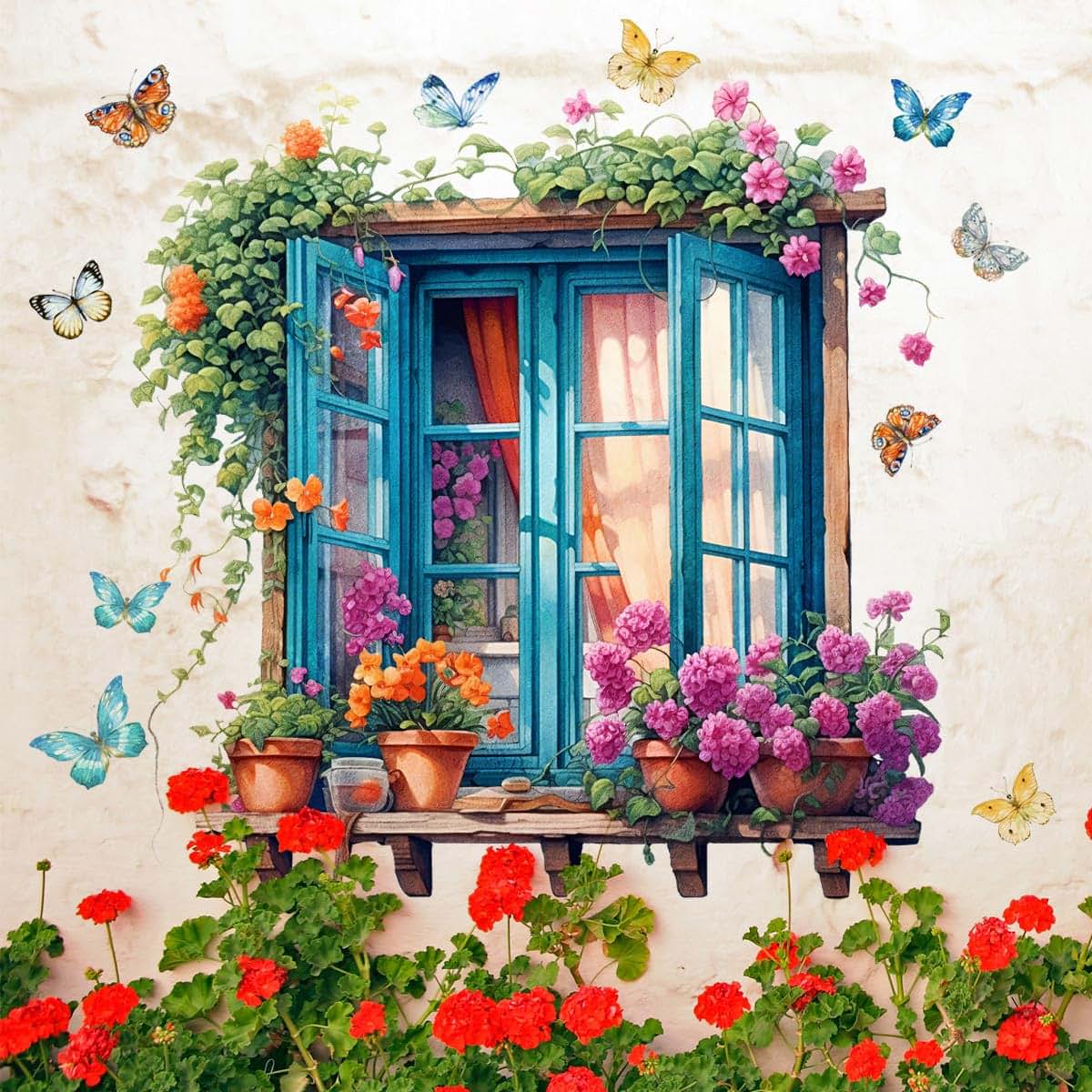 Creative Fake Window Door Flower Butterfly Wall Stickers for Room Decor