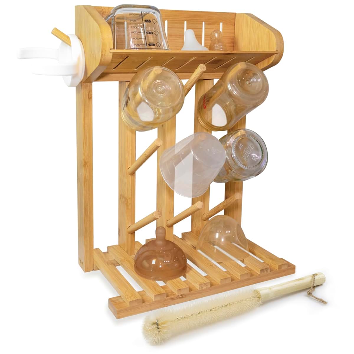 AKS B2C Bamboo Baby Bottle Drying Rack, 9 Bottle Capacity, Vertical Countertop Organizer with Cleaning Brush