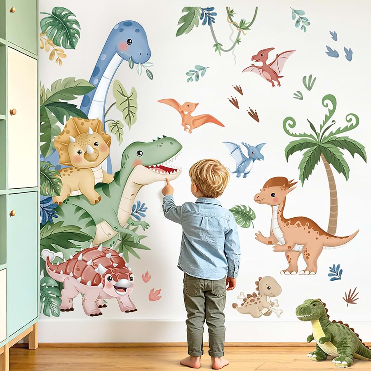wondever Boho Dinosaur Door Wall Decals Dino Tropical Leaves Wall Stickers