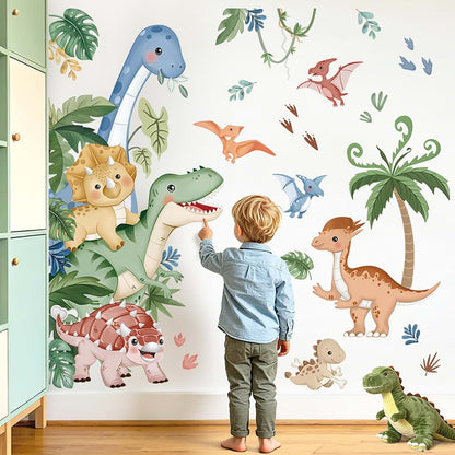 wondever Boho Dinosaur Door Wall Decals Dino Tropical Leaves Wall Stickers