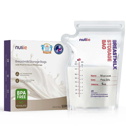 Nuliie 50-Pack 8 oz Breastmilk Storage Bags with Pour Spout, Self-Standing