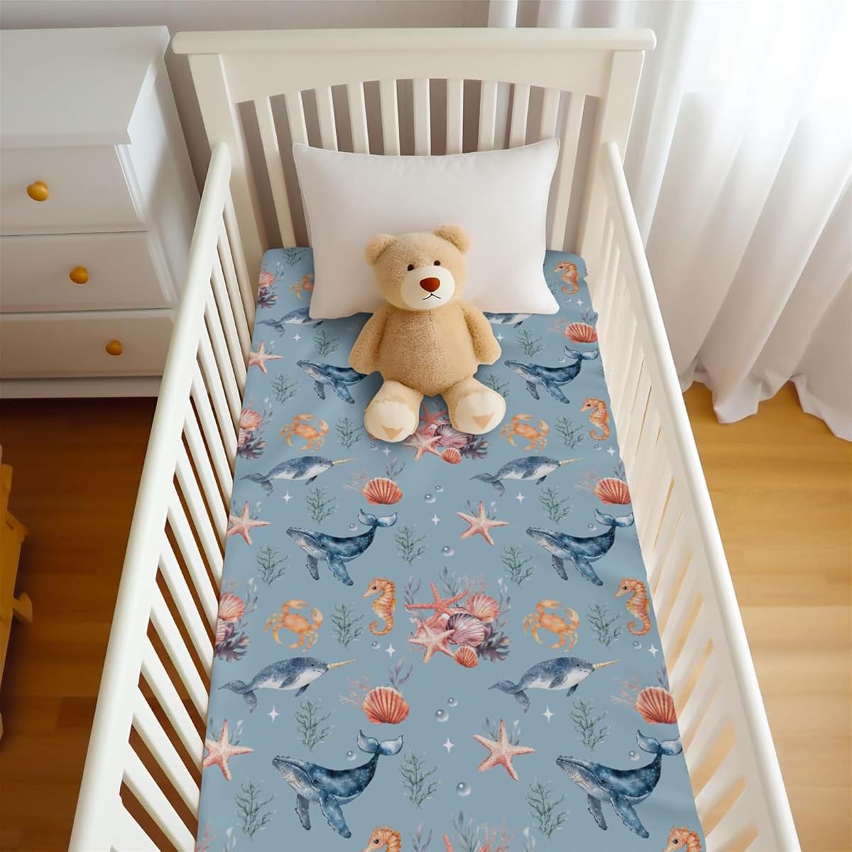 Wicbfdfv Watercolor Blue Whales Fitted Crib Sheet (photo 4)