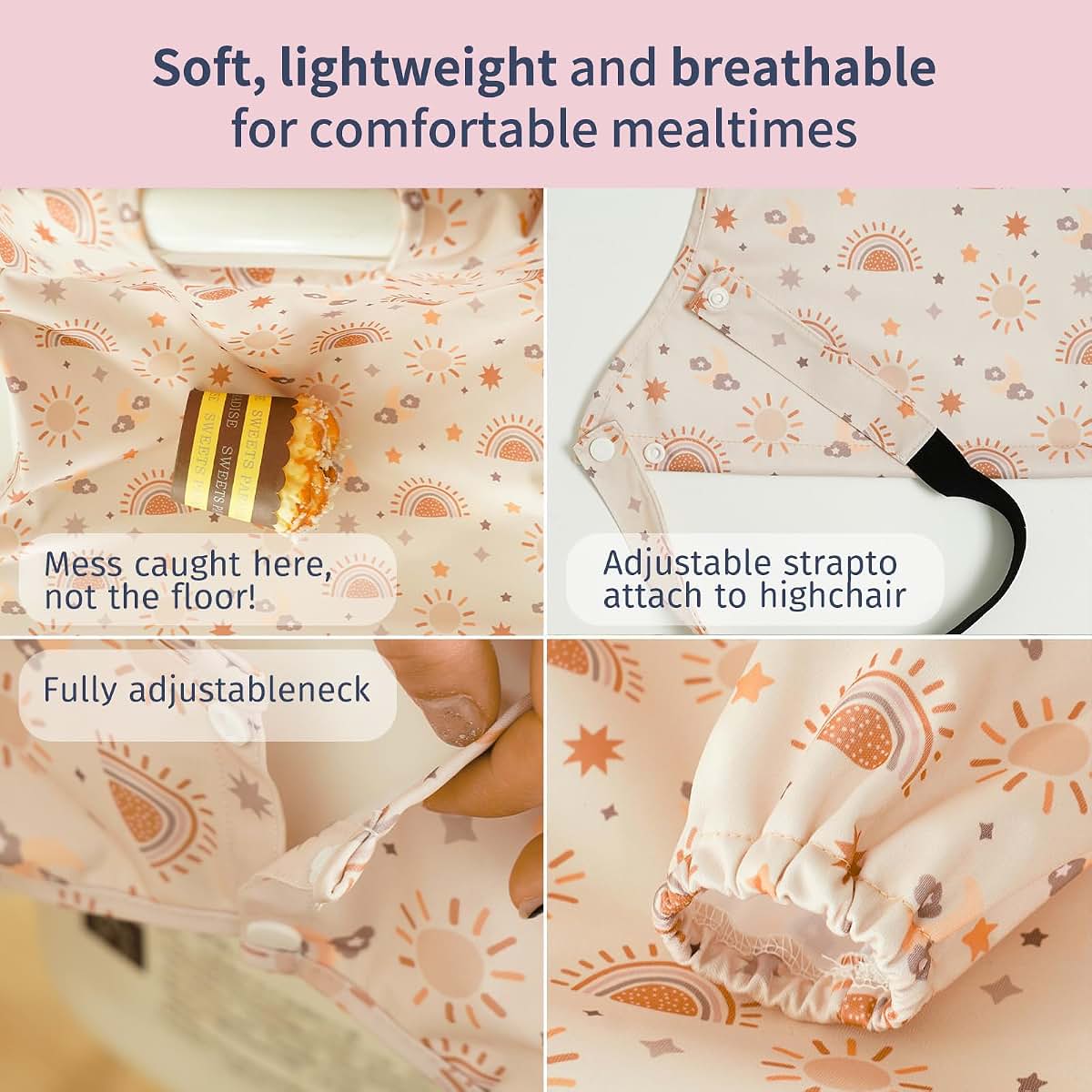 CoolaPeach Long Sleeve Baby Bib - Adjustable Waterproof Smock with Highchair Attachment