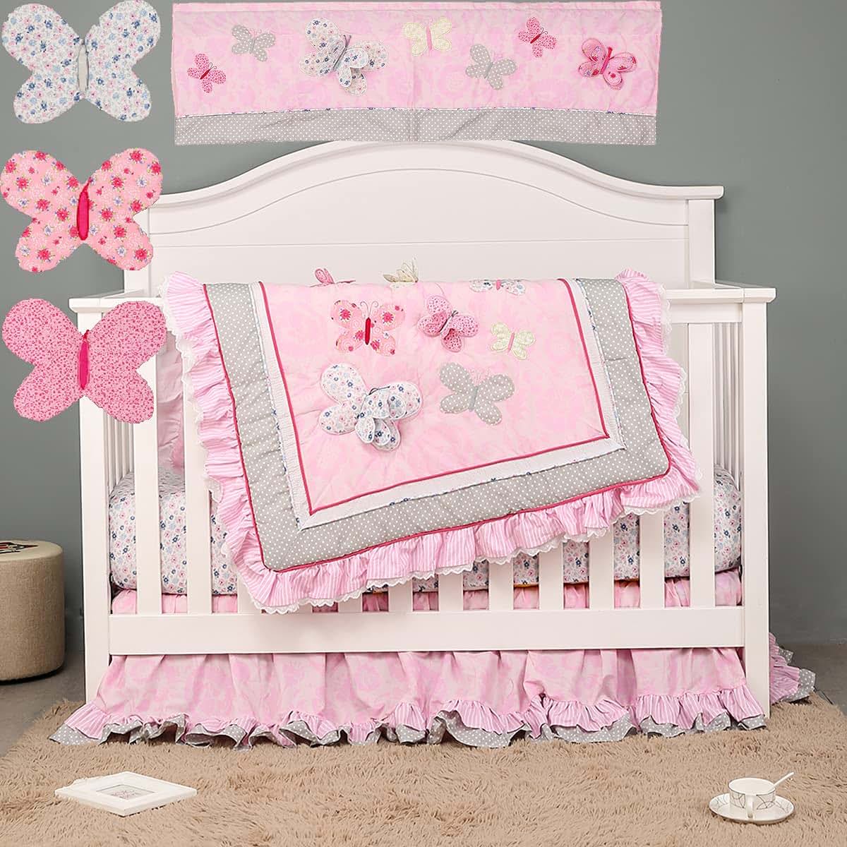 CribMATE 7 Pieces Pink Embroidery Butterfly Nursery Crib Bedding Set