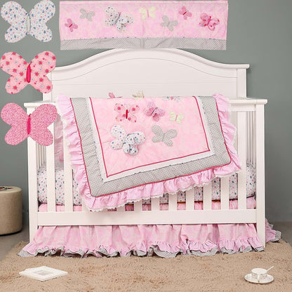 CribMATE 7 Pieces Pink Embroidery Butterfly Nursery Crib Bedding Set