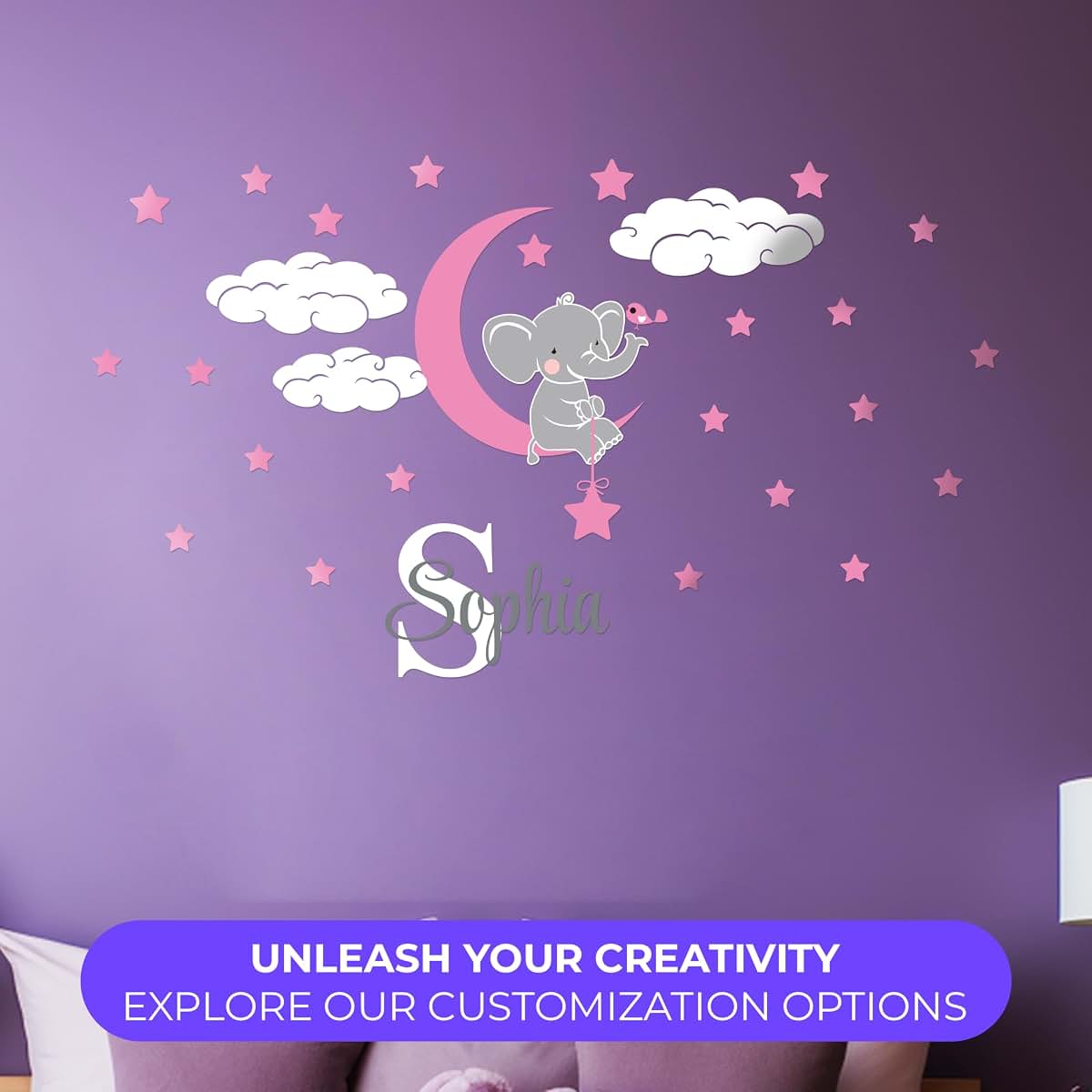 CRYPTONITE Custom Name & Initial Elephant Stars and Clouds - Prime Series - Baby Girl - Nursery Wall Decal for Baby