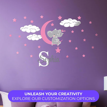 CRYPTONITE Custom Name & Initial Elephant Stars and Clouds - Prime Series - Baby Girl - Nursery Wall Decal for Baby
