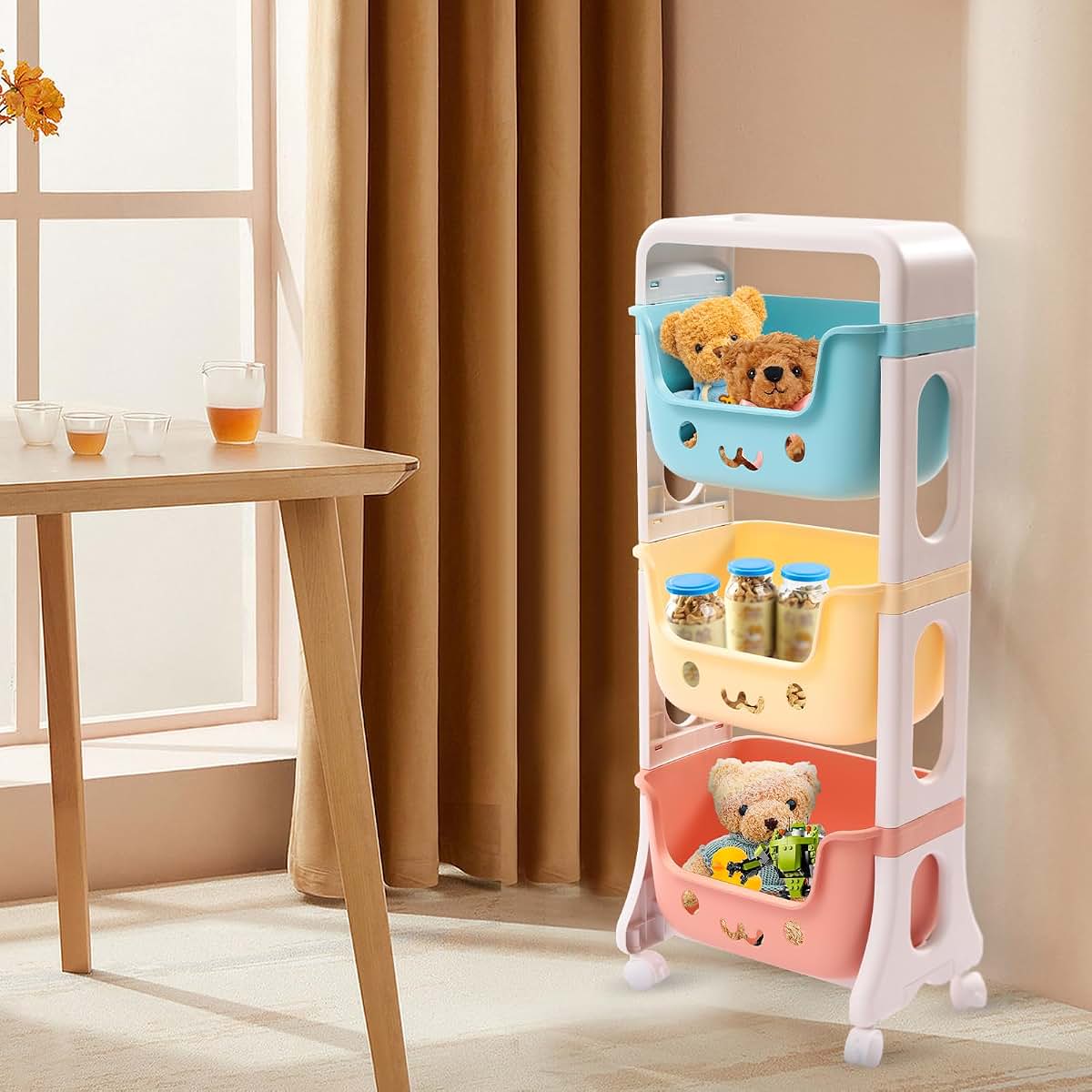 YSLoccbac 3-Tier Kids Rolling Cart Toy Storage, Plastic Mobile Shelf with Wheels, Smile Face Bins for Playroom Nursery (photo 4)