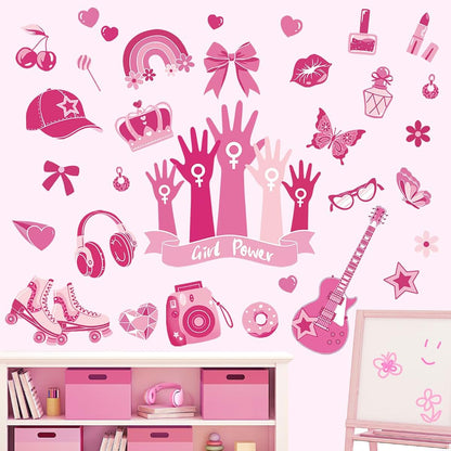 wondever Pink Girl Power Wall Decals Butterfly Bow Knot Wall Stickers