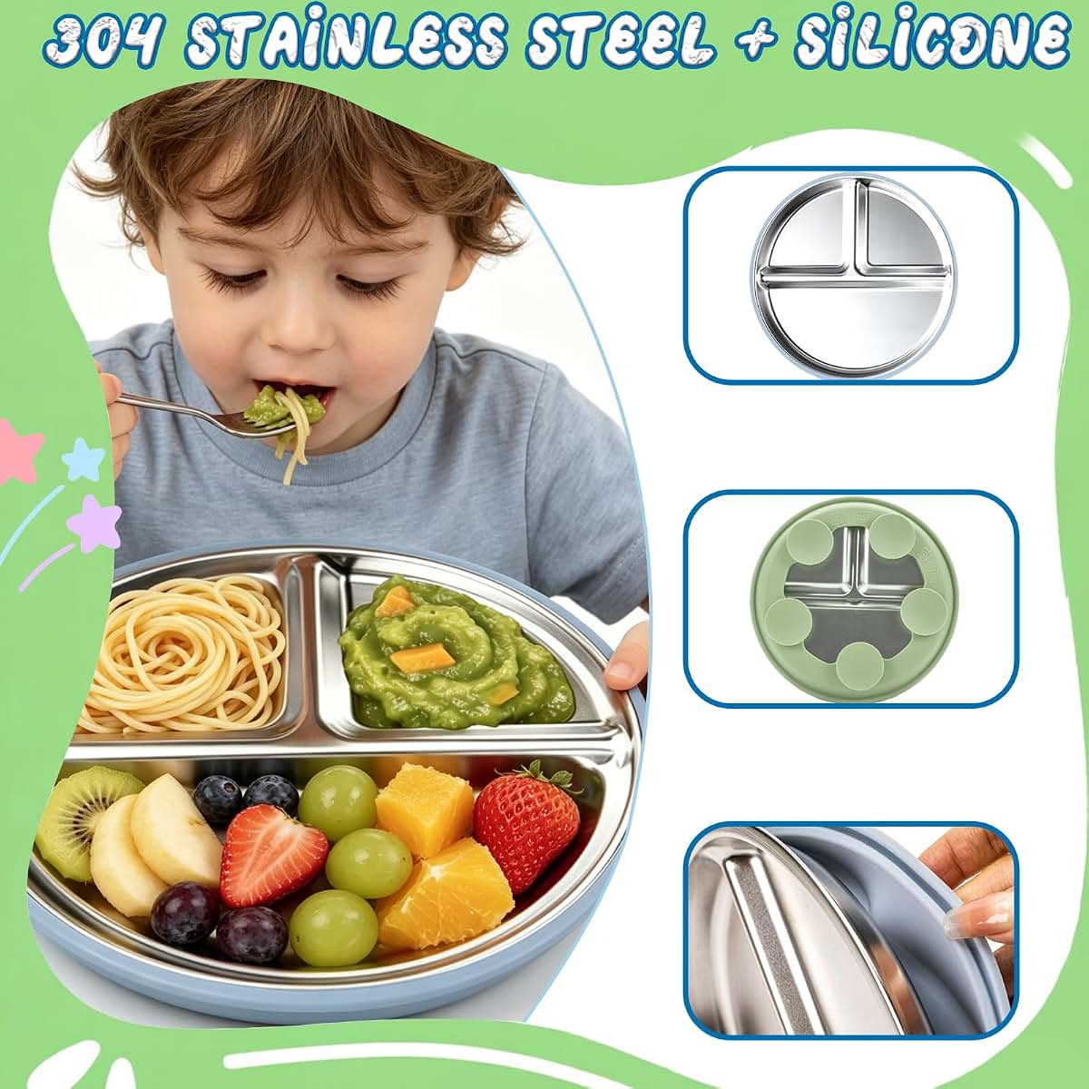Stainless Steel Feeding Set with Suction Base and Utensils