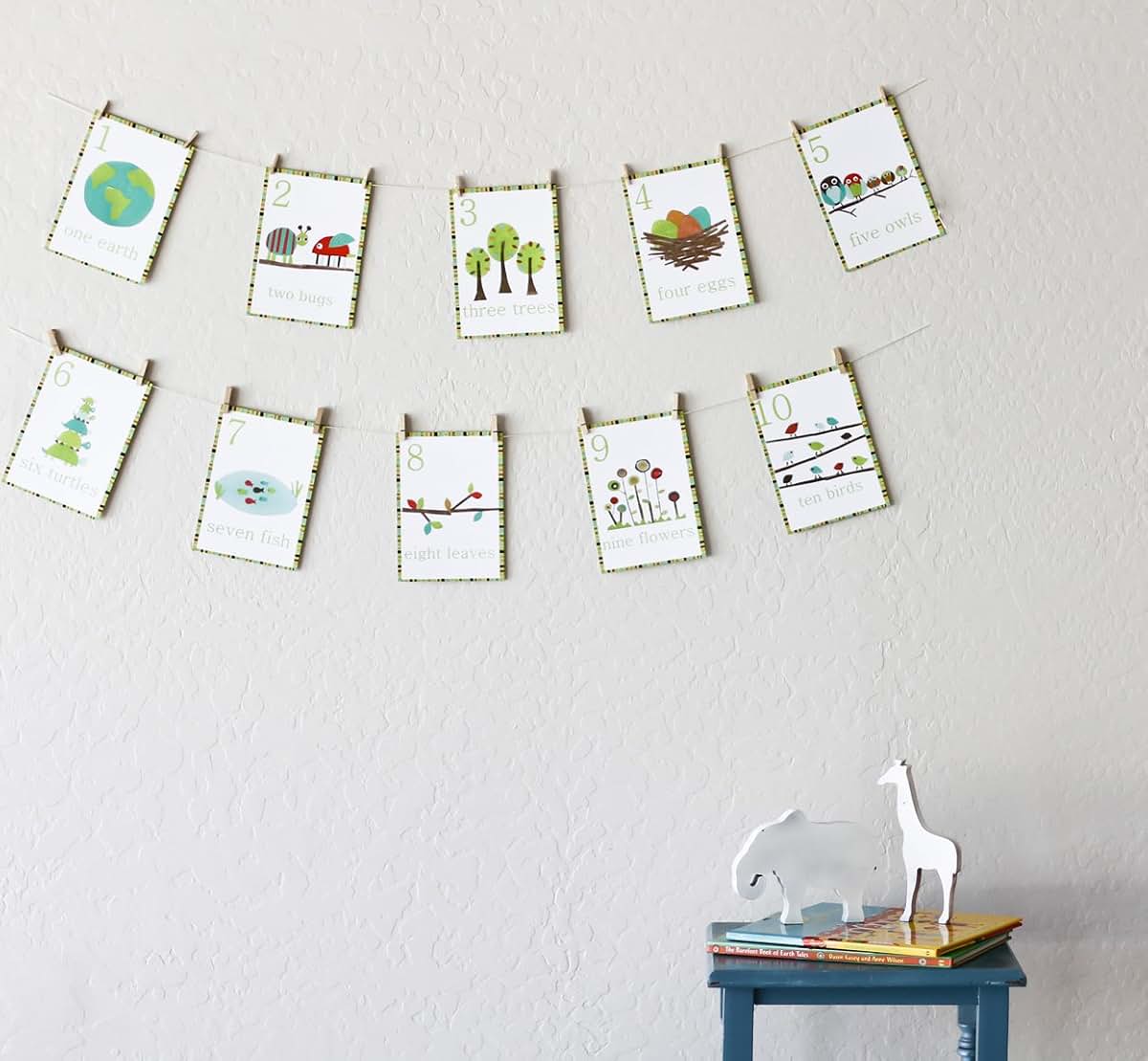 Children Inspire Design Forest Animal Numbers Wall Cards, Set of Ten 5x7 Wall Art Prints, Green, Nature-Themed Cartoon