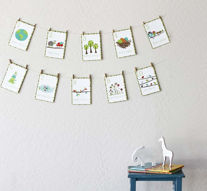 Children Inspire Design Forest Animal Numbers Wall Cards, Set of Ten 5x7 Wall Art Prints, Green, Nature-Themed Cartoon