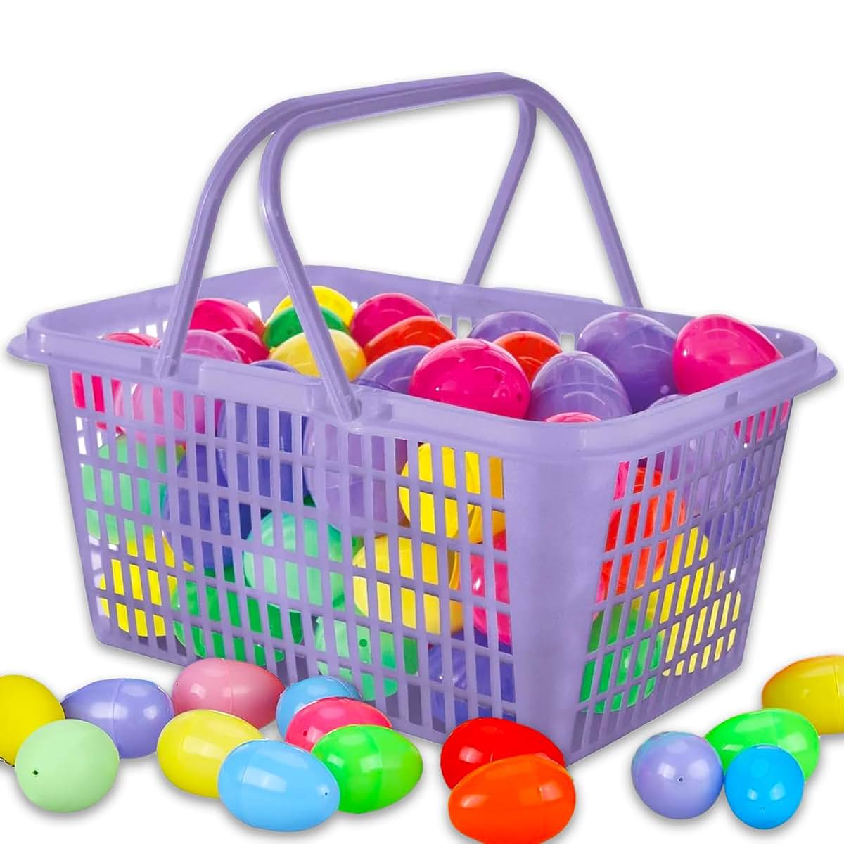 Platinum Series Bulk Easter Eggs with Basket - Set with 60 Fillable Plastic Easter Eggs Plus Purple Plastic Reusable