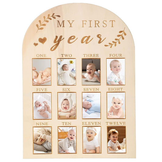 Jeqqinuz My First Year Photo Frame, My First Year Photo Board Wooden for 12 Month Picture, Baby Display Sign for