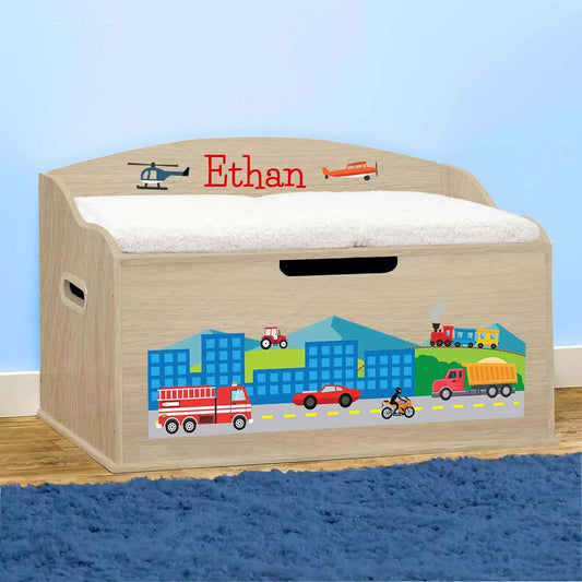 DIBSIES Personalized Toy Box with Cars Trucks Planes Trains Design