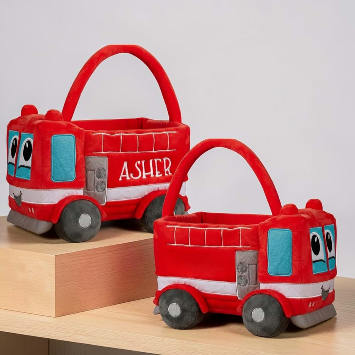Personalization Universe Fire Truck Plush Easter Basket With Custom Embroidery (photo 3)