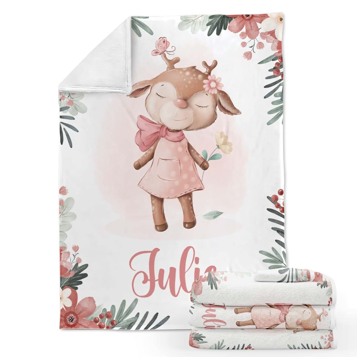 Voz Personalized Baby Blankets with Name, Customized Baby Blankets for Girls- Deer Baby Blanket, Best Gift for Baby