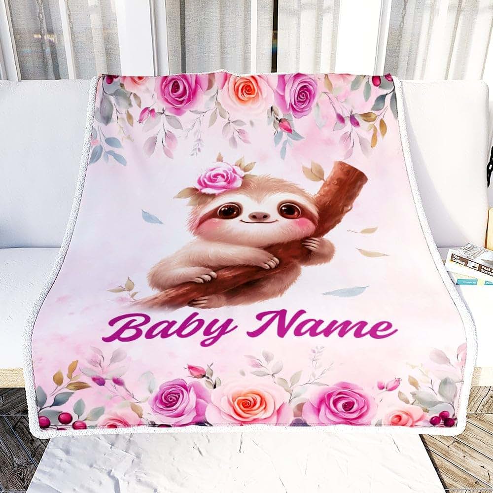 TeesNow Personalized Sloth Baby Blanket for Girls Custom Name Pink Flowers Watercolor Bedding Gift for Babies Shower (photo 2)