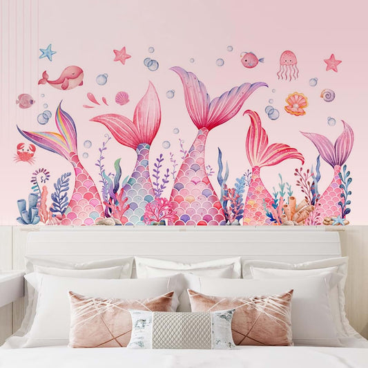 MLM Mermaid Tail Wall Stickers Under The Sea Fish Pink Wall Decals Peel and Stick Wall Art Decor for Kids Bathroom
