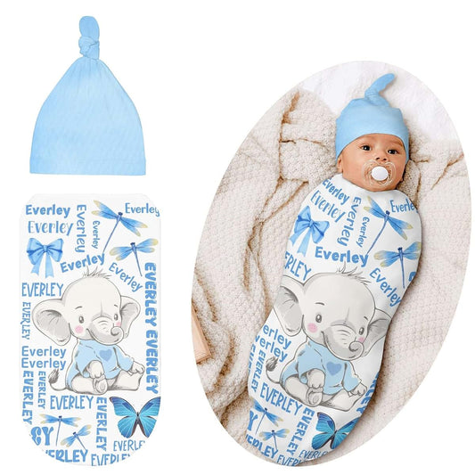 YallLocoMo Custom Newborn Swaddle Blankets Hat Watercolor Elephant Sets Soft Baby Receiving Blanket Swaddle Sack for