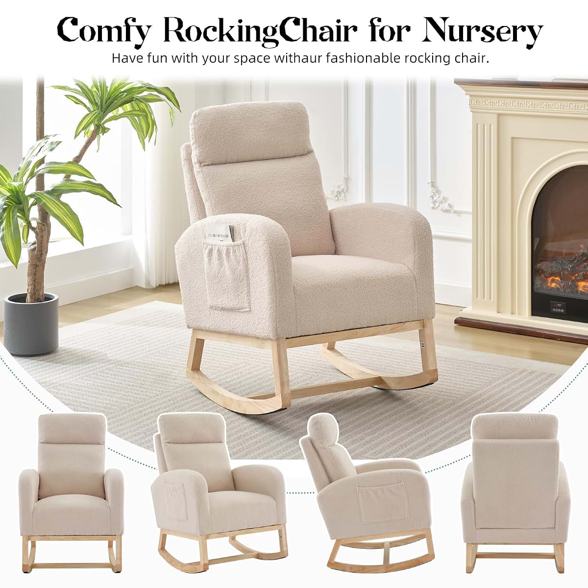 IDEALHOUSE Nursery Rocking Chair, Upholstered Glider Rocker with High Back and Side Pocket, Light Gray